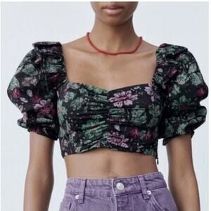 Zara Multicolor Floral Puff Sleeve Crop Top